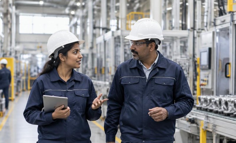 Two colleagues in work uniforms walking through a manufacturing plant
